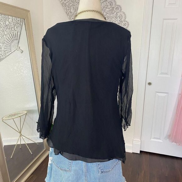 Vintage 90s Whimsygoth Asymmetric Black Beaded Silk 3/4 Sleeve Blouse L - Picture 7 of 8